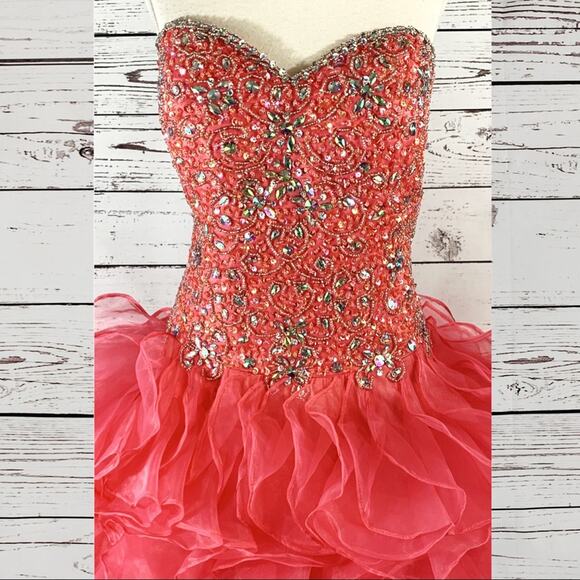 Hot pink formal dress gown beaded ruffles - Picture 4 of 6